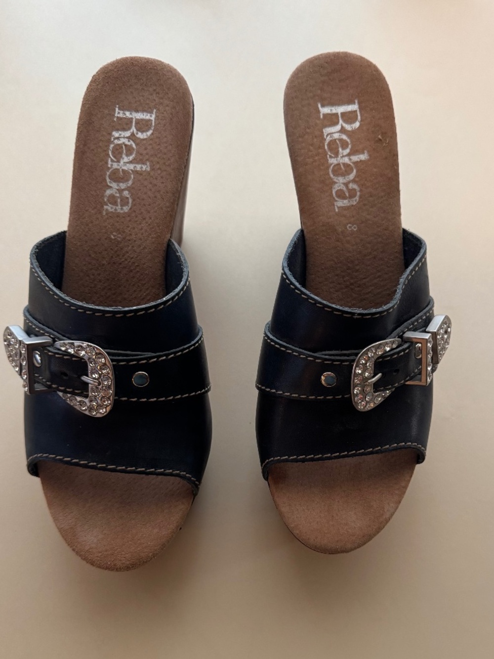 Reba Navy Leather Wood Wedge Slides Rhinestone Buckle 8